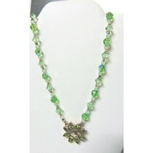 Paige Wallace Necklace 18" Green Glass Bead Sterling Silver Peridot Flower Vtg